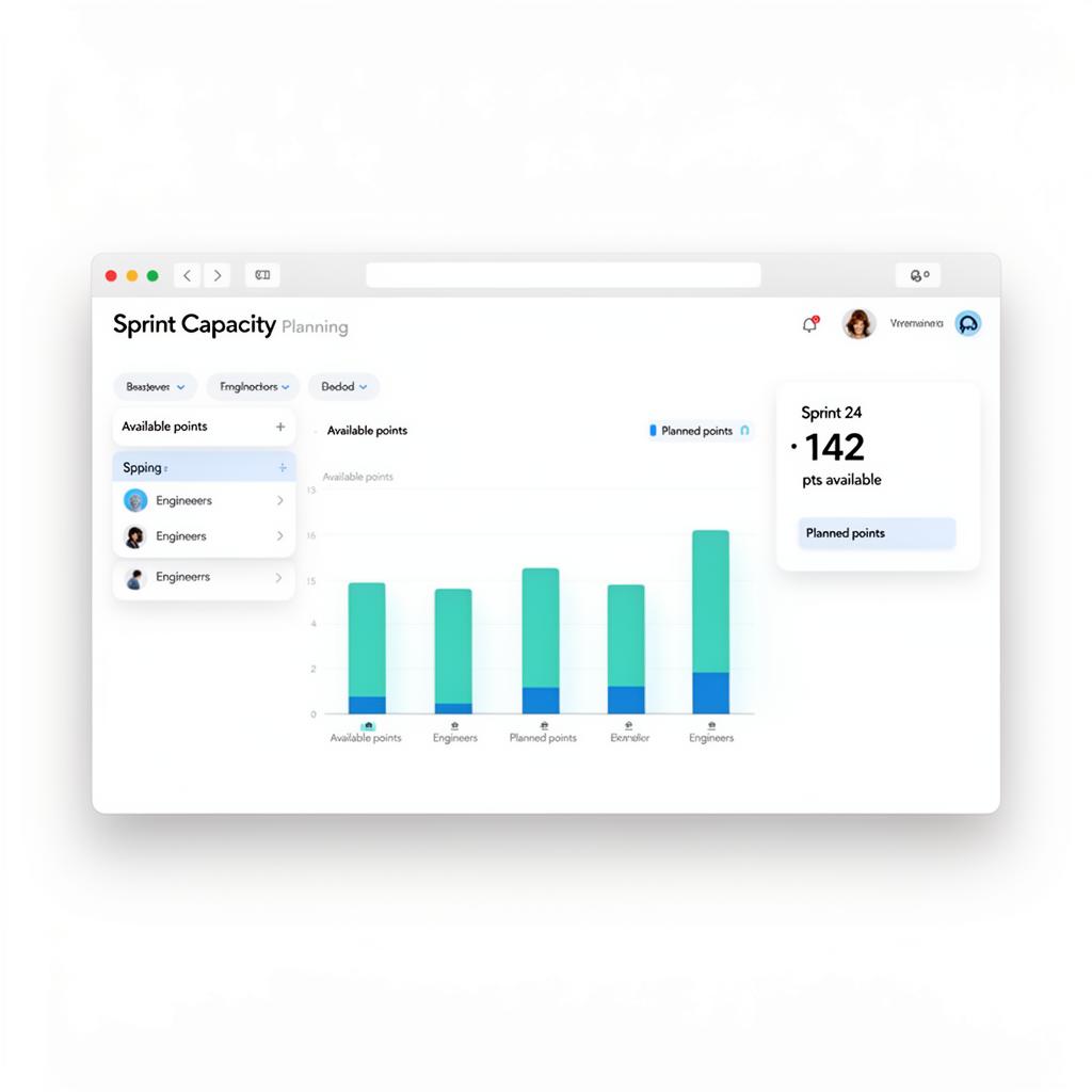 Sprint capacity dashboard showing available versus planned points by engineer