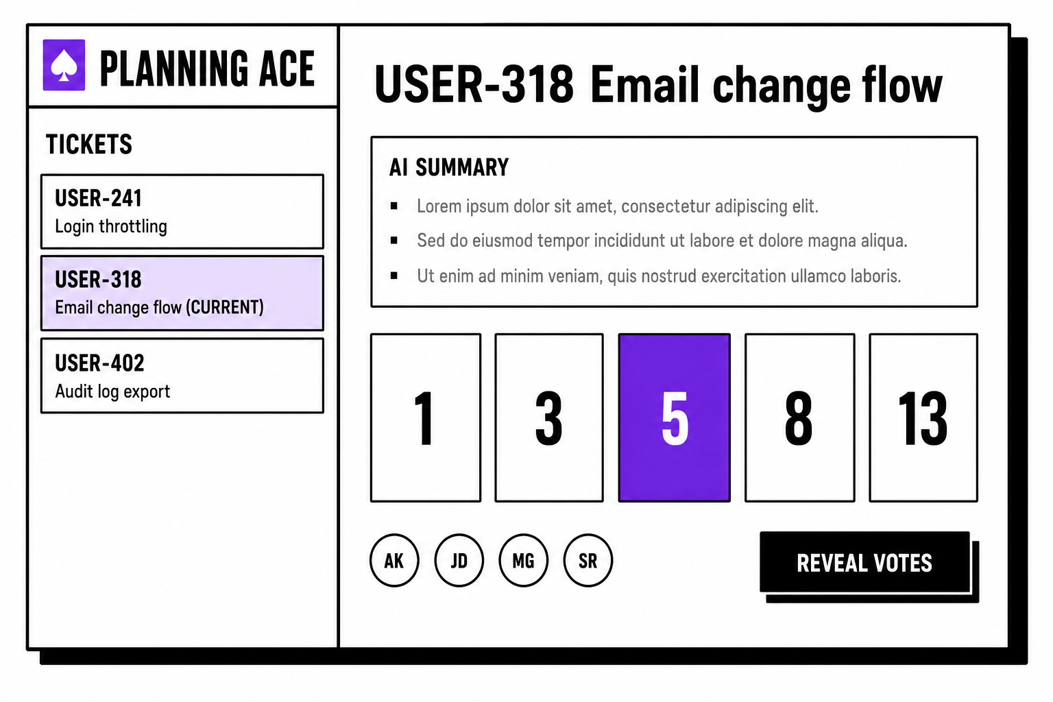 Planning Ace session view with ticket list, AI summary, and Fibonacci voting cards